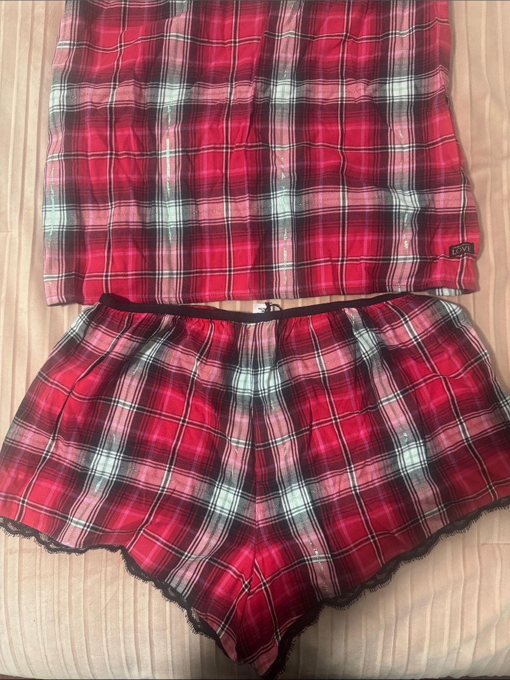 Victoria Secret LOVE Red Plaid Lace Trim Cami (S) & Short (M) Sleep Set - Picture 4 of 6
